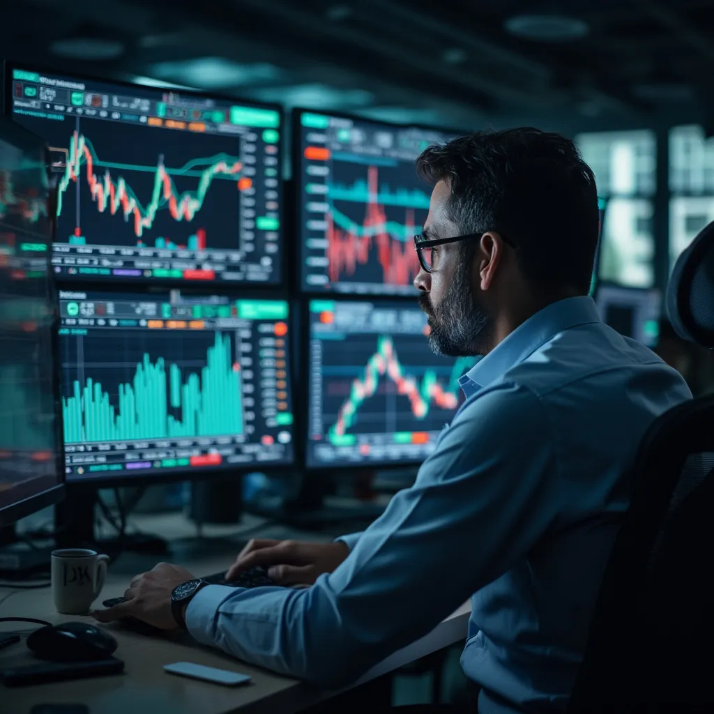 Consultor de FinanzasAR analizando gráficos de mercado en múltiples pantallas.